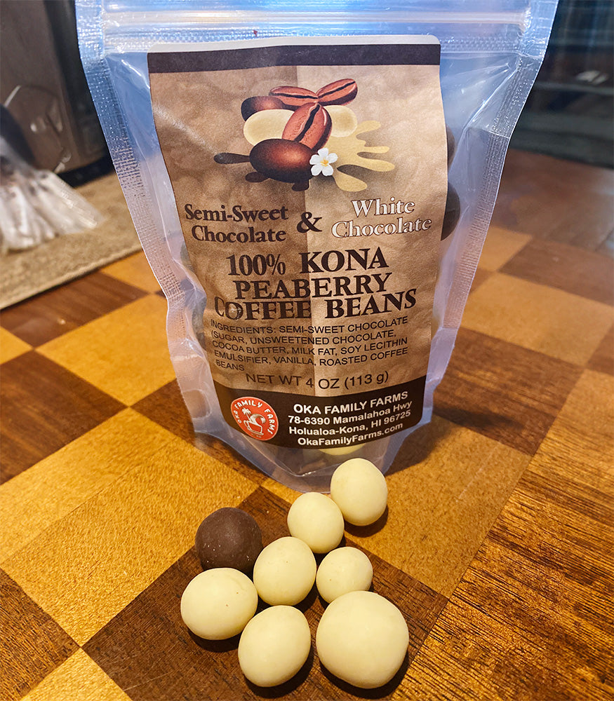 White/semi-sweet Chocolate Covered Peaberry Coffee Beans